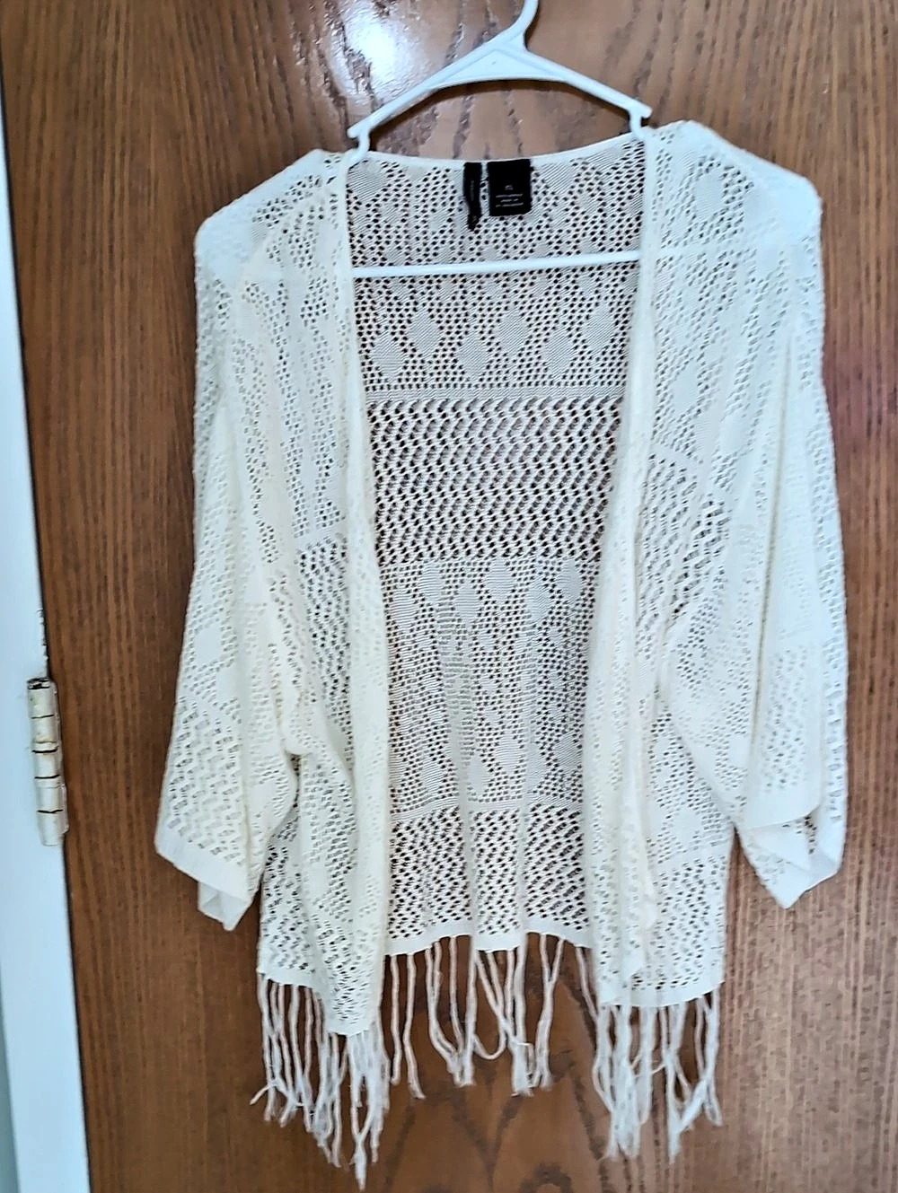 New Directions Open Front Crochet Fringe Cardigan White XL Like New